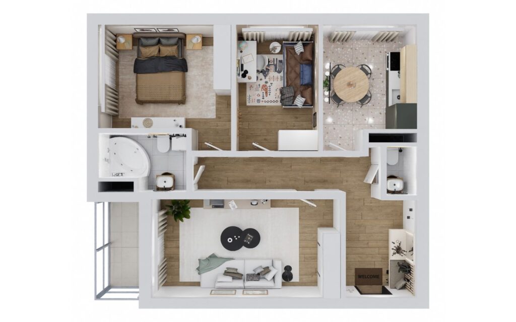 Fully furnished 3D render of a house created with floor layout generator