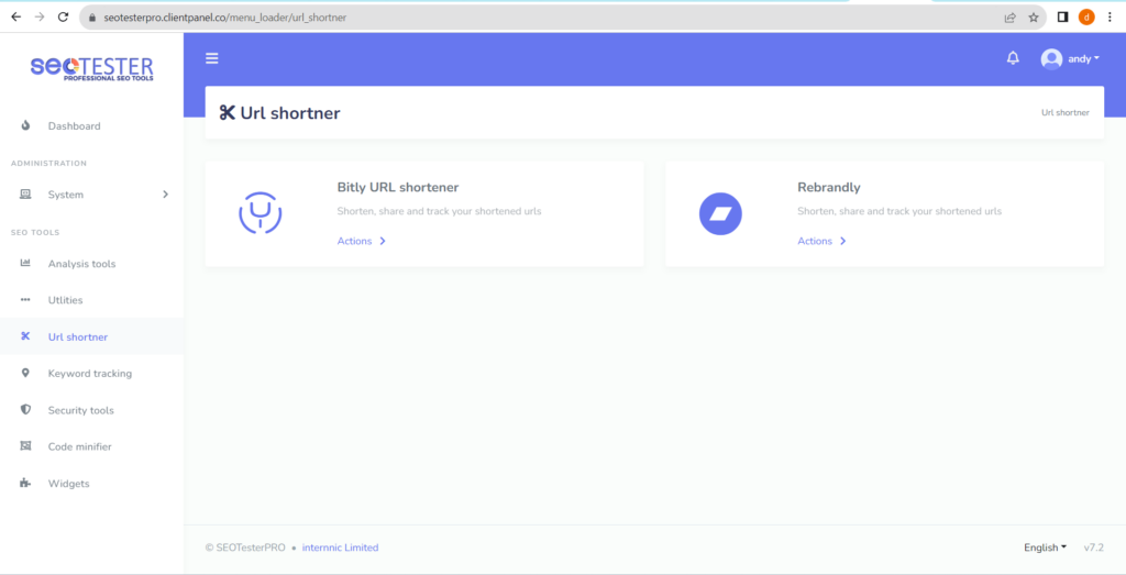 SEO tester URL Shortner user interface.