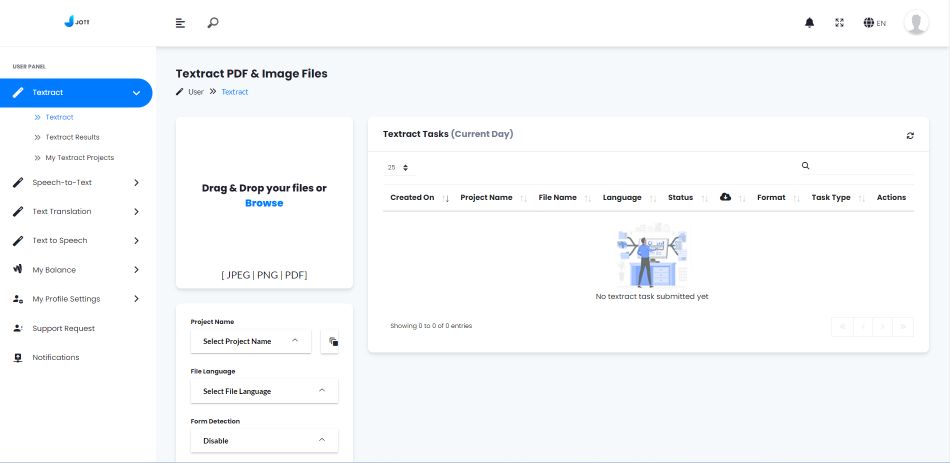 Jott - ai transcription tool textract user interface