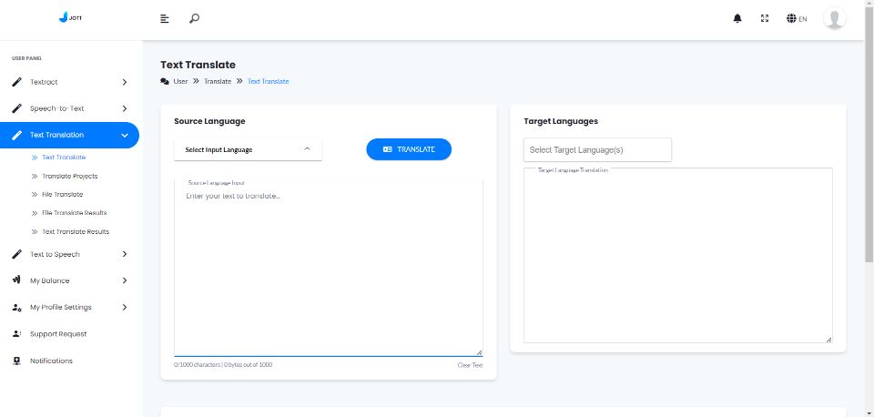Jott - ai transcription tool text translation user interface.