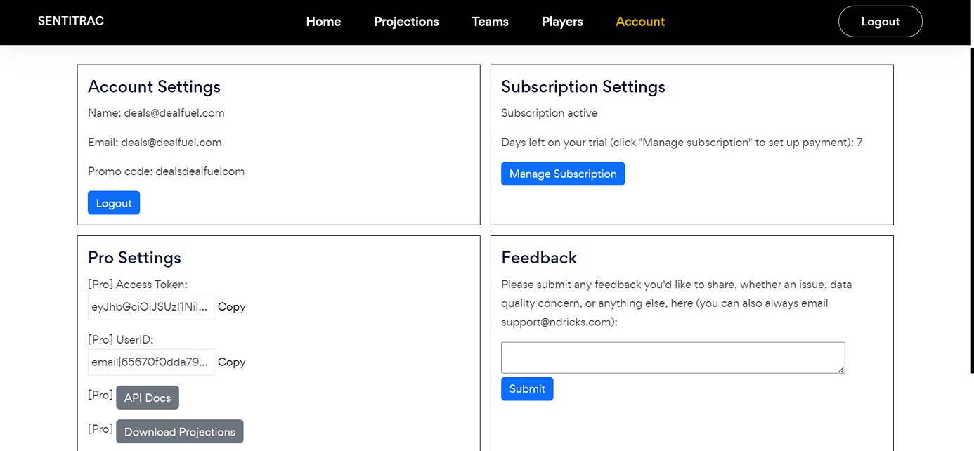 Account UI of sentitrac - make nfl predictions