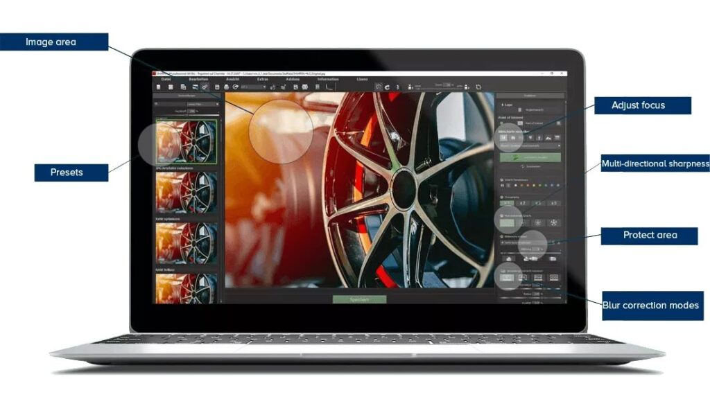 Laptop mockup displaying features and user interface of Sharpen Projects 4 Pro - Best Photo Sharpening Software