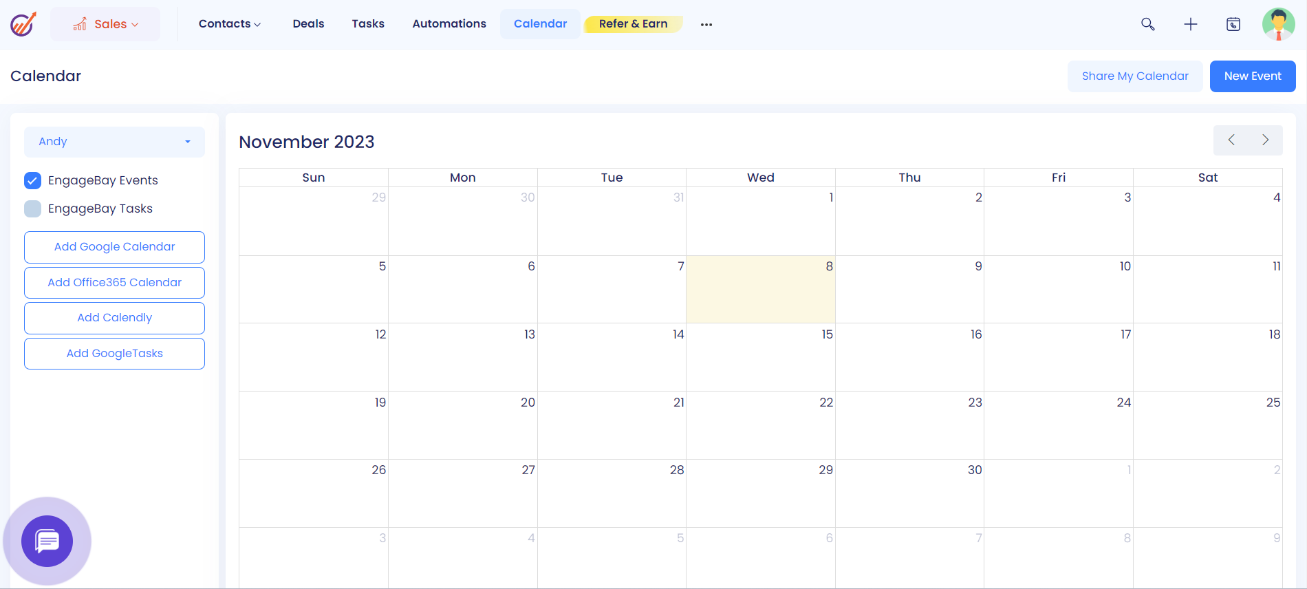 Calendar preview in Engagebay - Marketing CRM