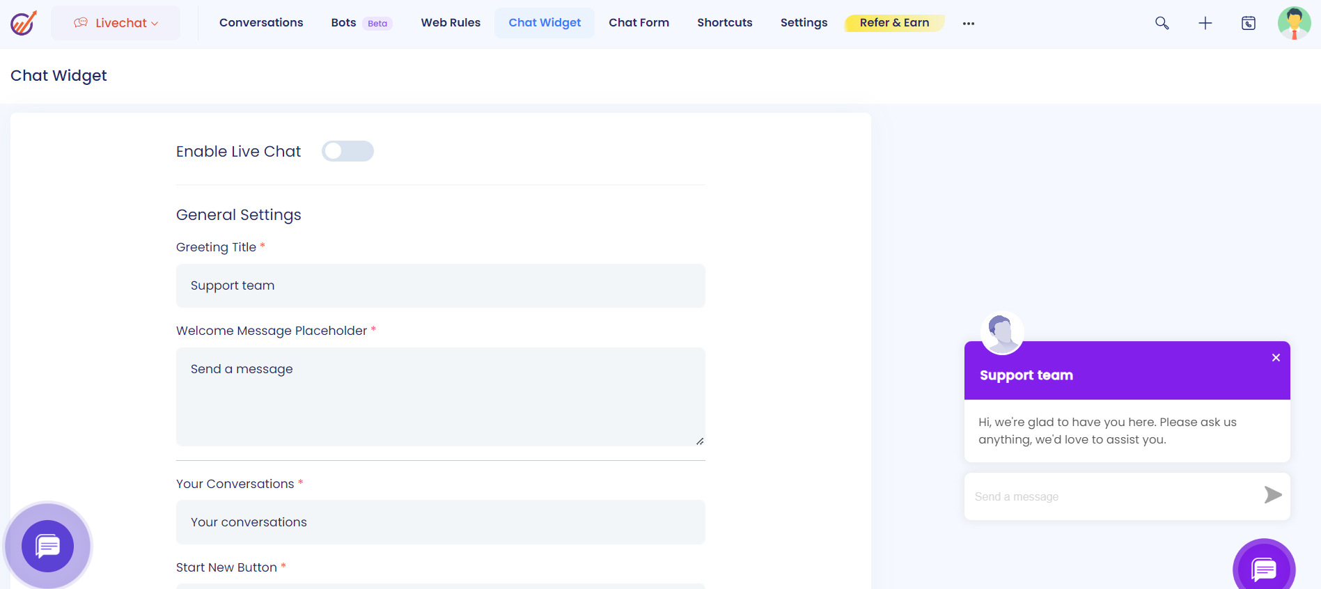 Chat widget preview in Engagebay CRM software