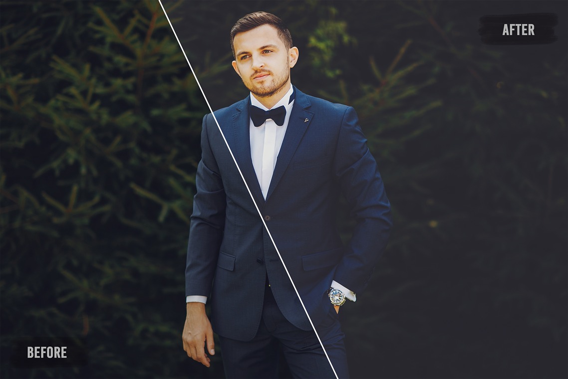 before and after edit picture of a man in a suit using luxe photo presets effect