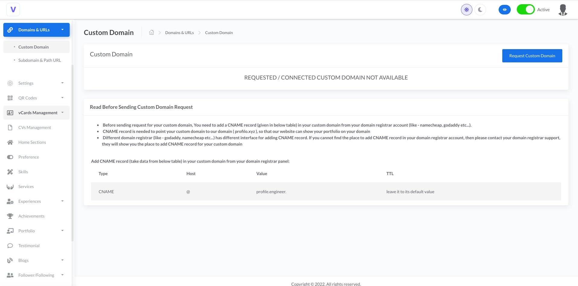 custom domain user interface of profile engineer - portfolio website builder