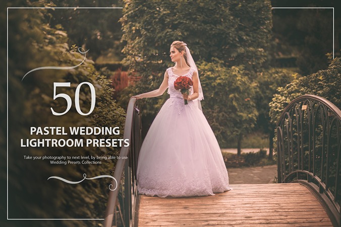Pastel wedding lightroom presets feature image showcasing a bride over a bridge holding a bouquet