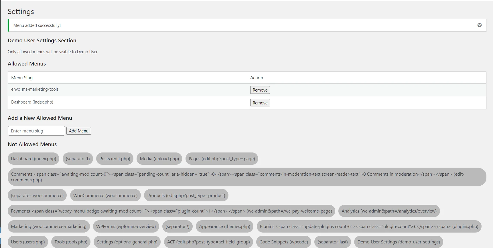 Envoflix Demo Access Feature in WP Interface
