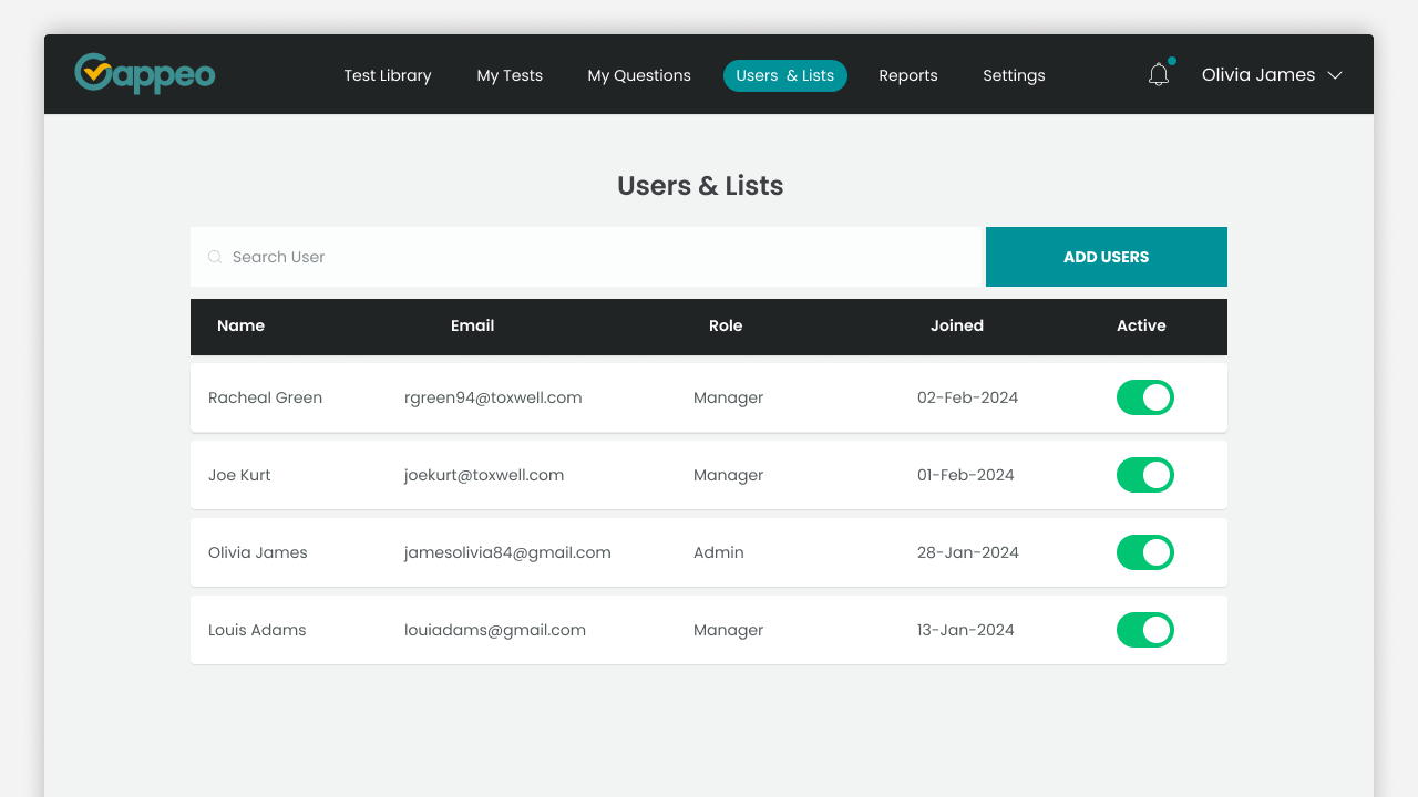 Gappeo - hiring assessment tool user list