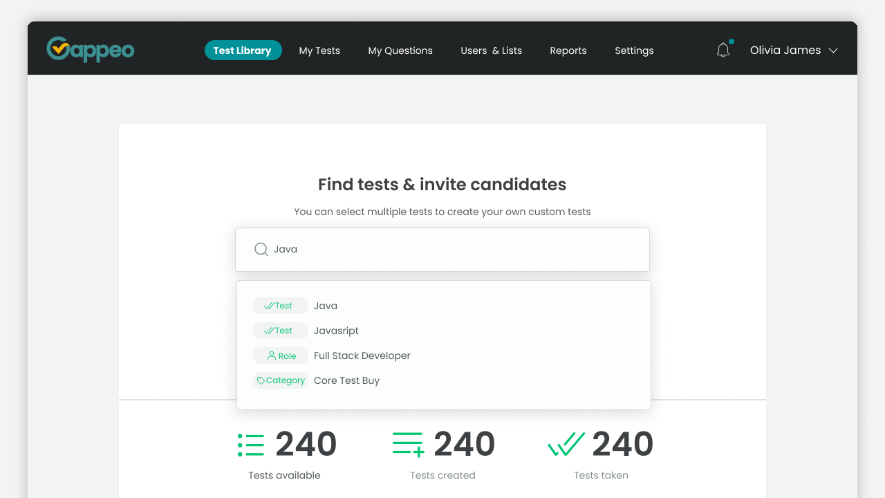 Main dashboard User interface of Gappeo - talent measurement platform