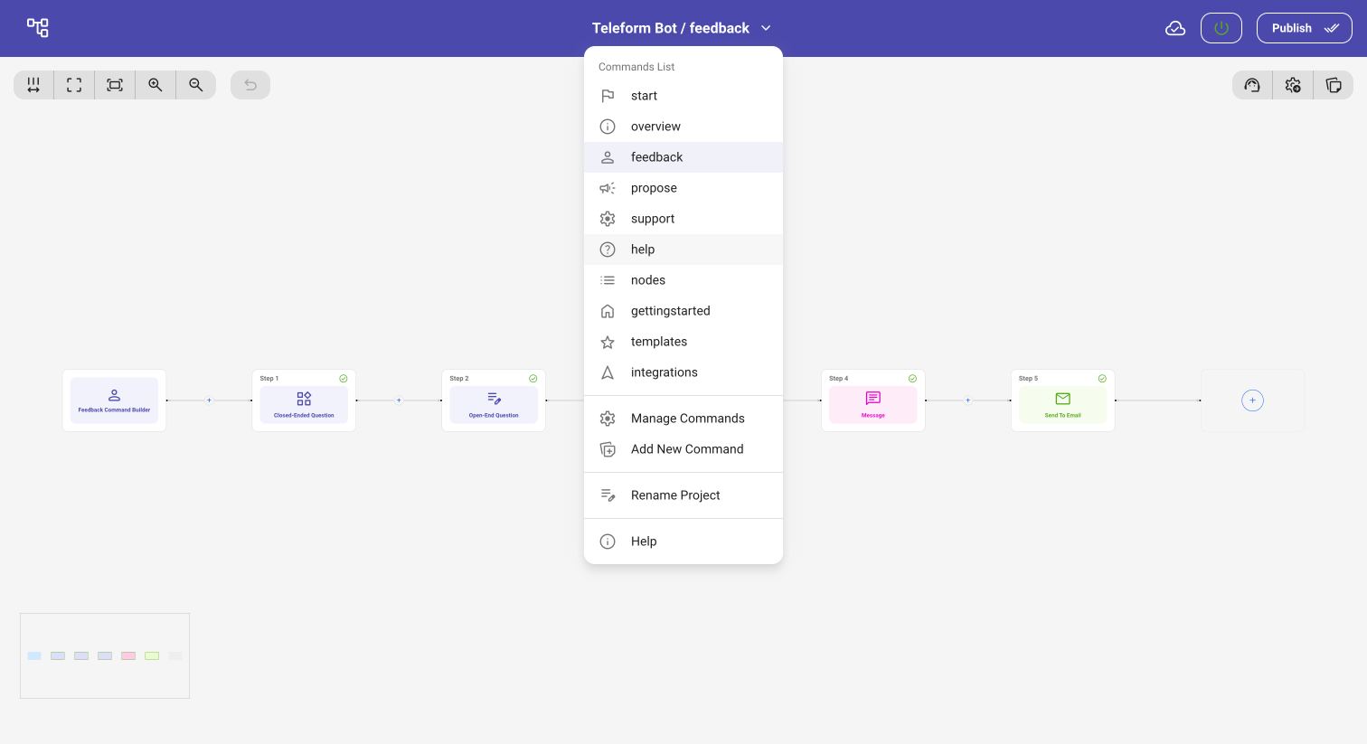 Command list in bot building interface of Teleform - Telegram bot builder