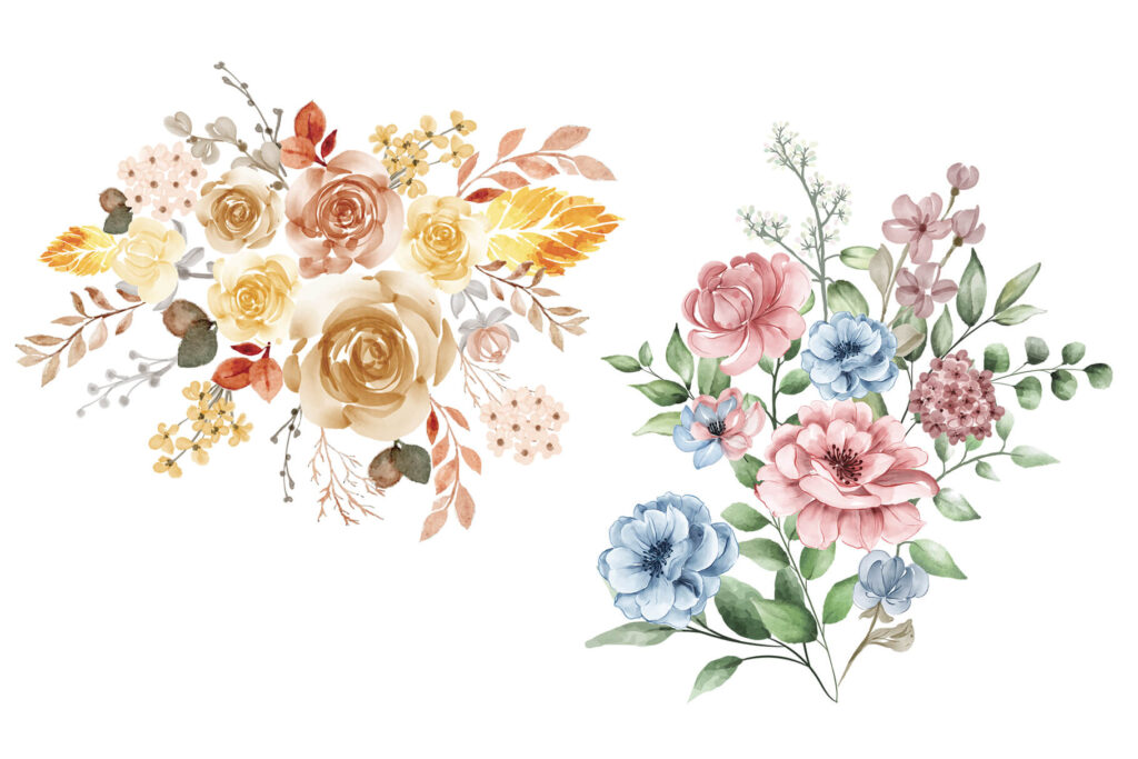 Watercolor illustrations of yellow and blue flower