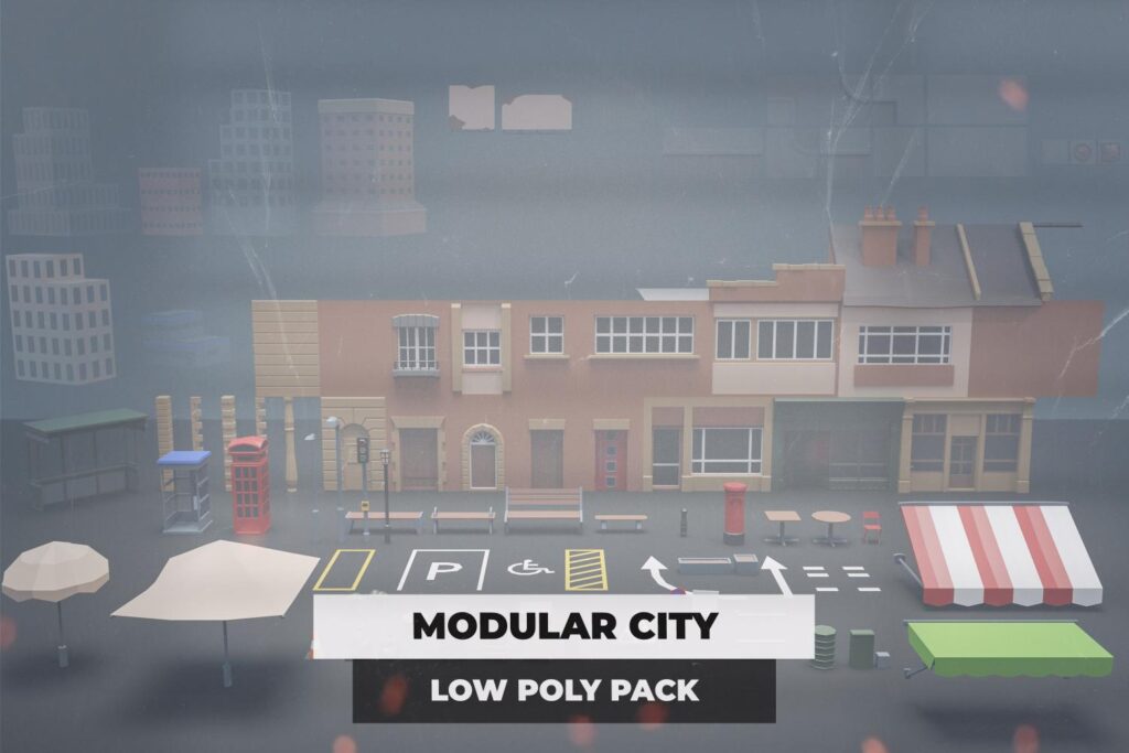 Modular city game assets in Low poly game dev pack