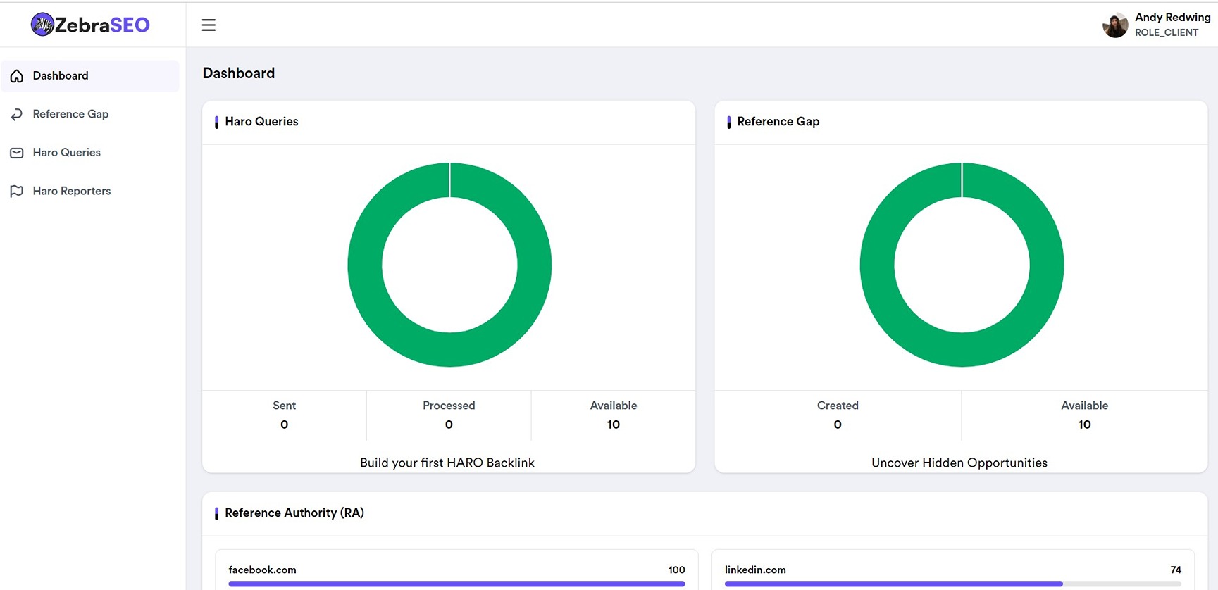 White label link building using ZebraSEO - Backlink building Software Dashboard