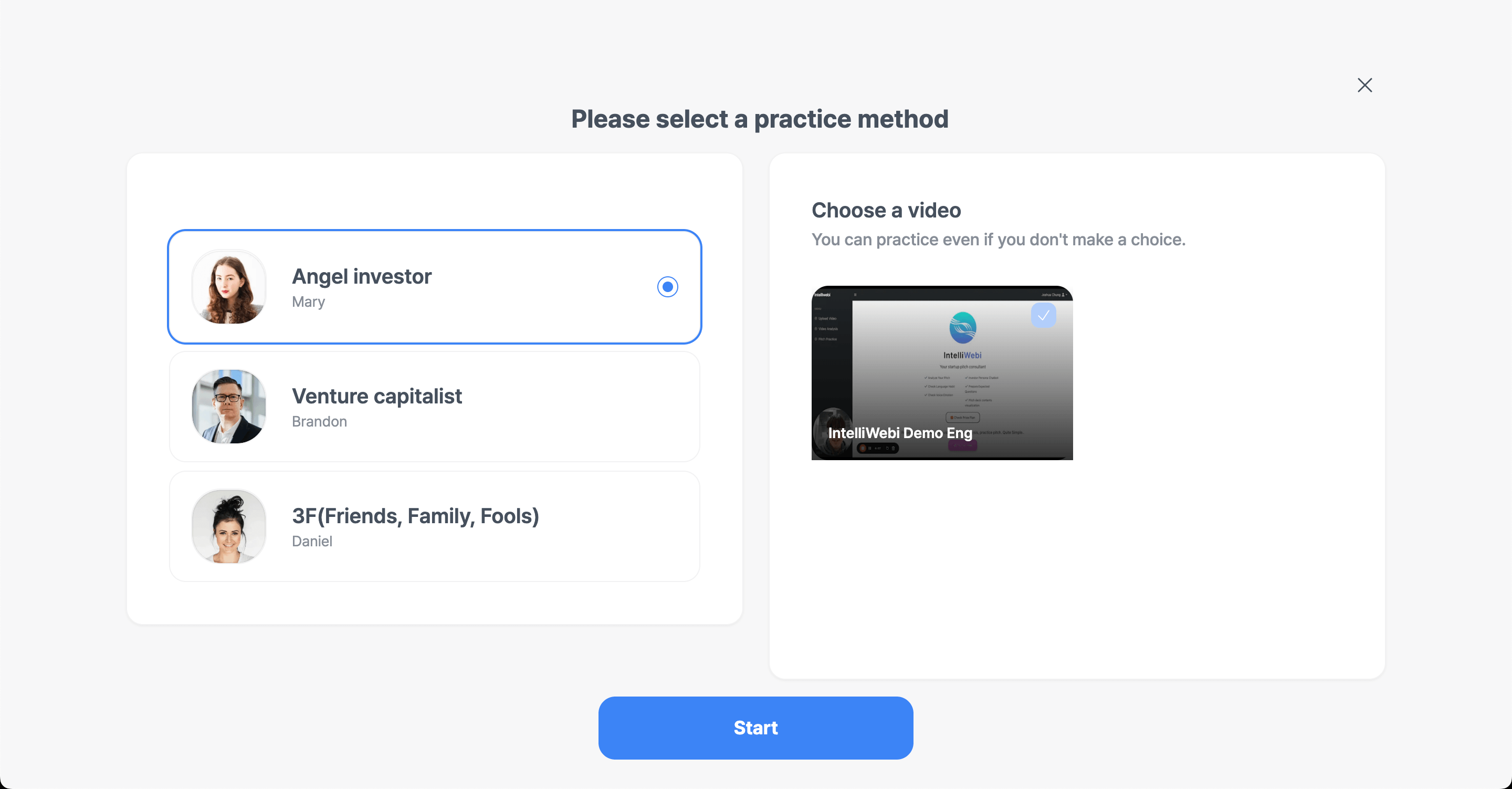 Select chatbot persona feature of Intelliwebi