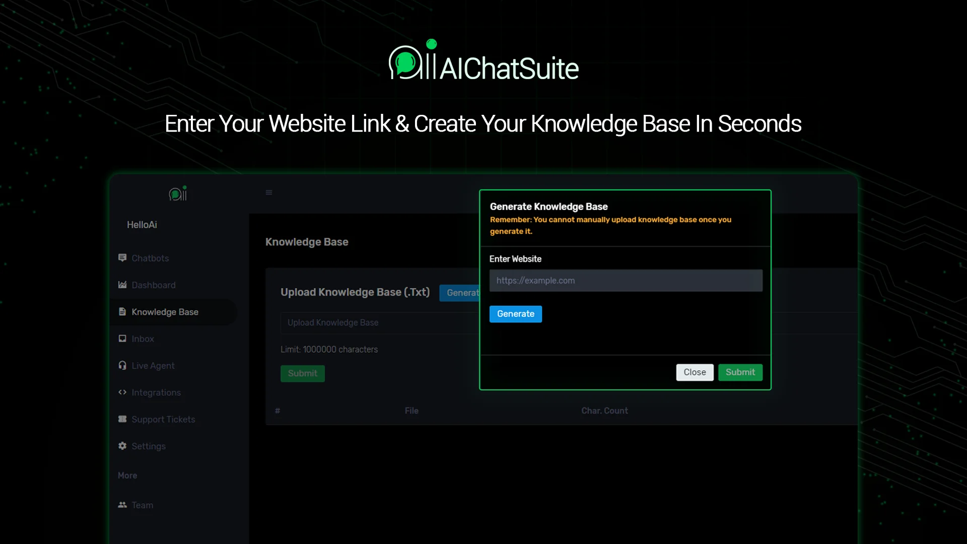 Create your knowledge base using AIChatSuite - Customer Service Chatbot Creator chatbot lifetime deal, ai chatbot lifetime deal, ai chatbot lifetime subscription