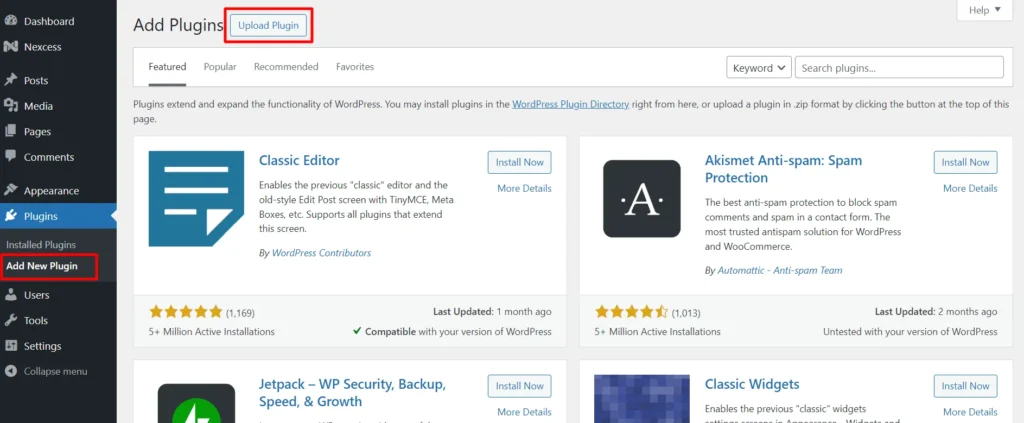 Click on Upload Plugin