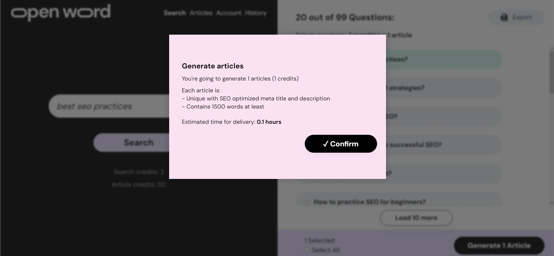 Generate Articles using OpenWord - seo writing ai lifetime deal