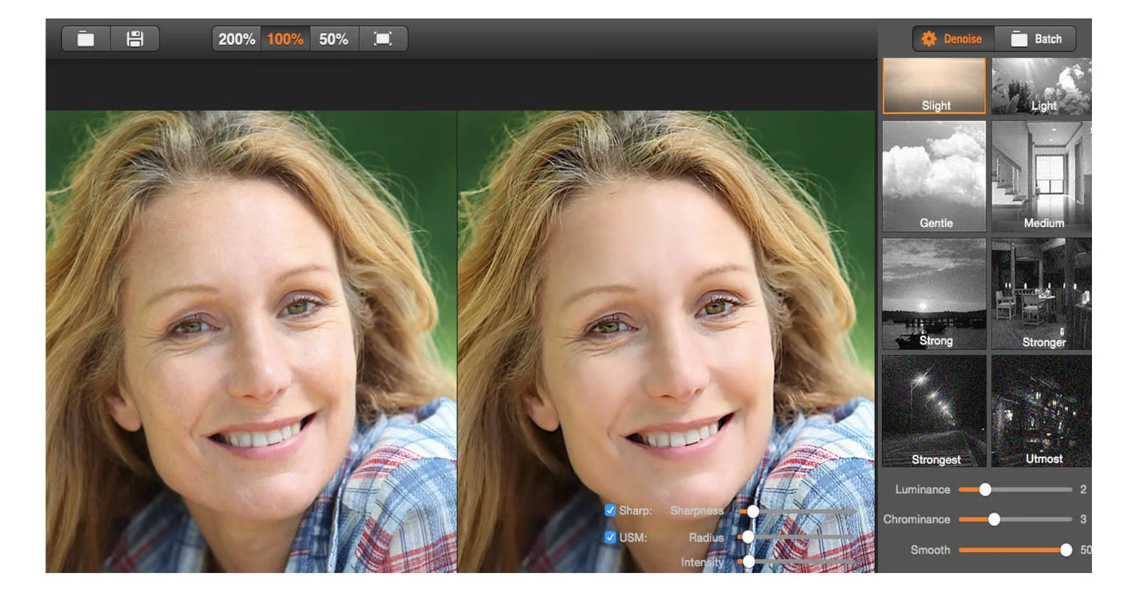 Before and after image of a woman edited using Super Denoising - Photo Noise Reduction Software For Mac post using remove grain from photo