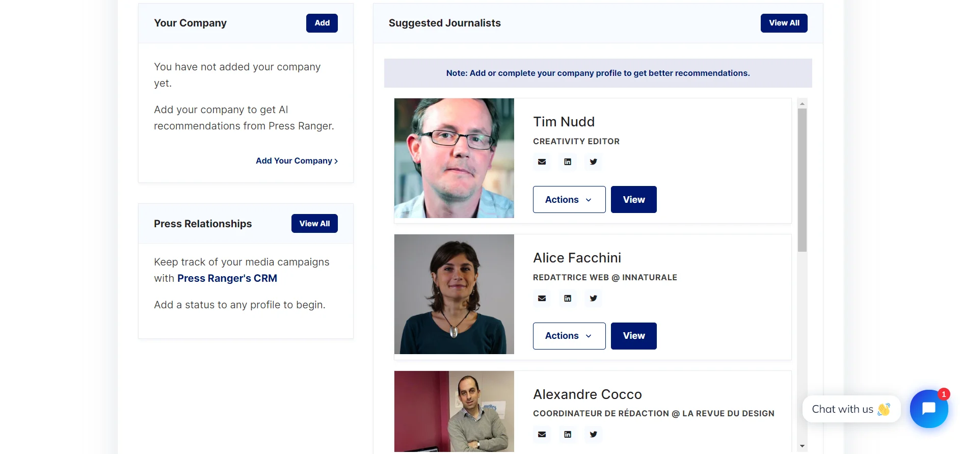 Press Ranger media database Suggested Journalist according to your business feature