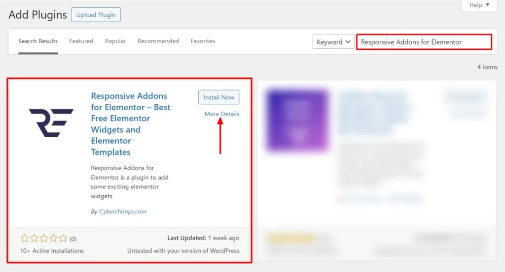 Search and install Responsive Addons for Elementor