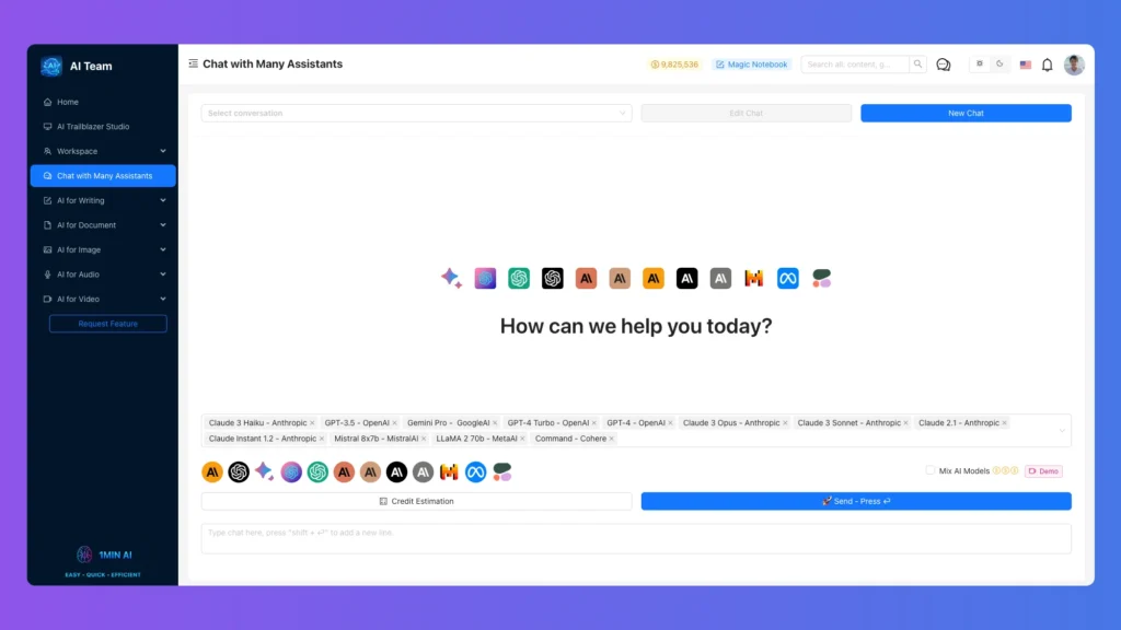 Chat with assistants preview of this All-In-One AI Tool. 1min ai lifetime subscription