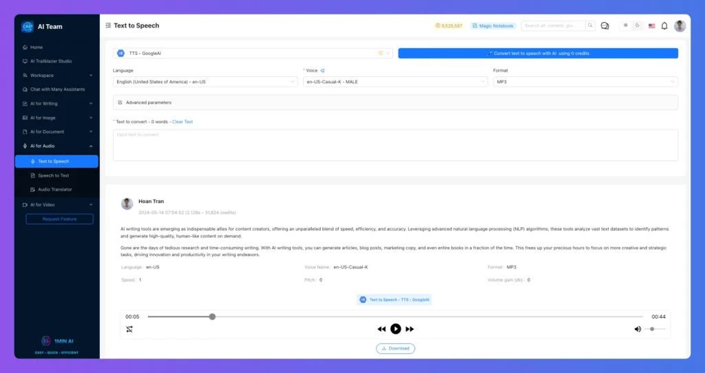 Text to speech preview. 1min ai review