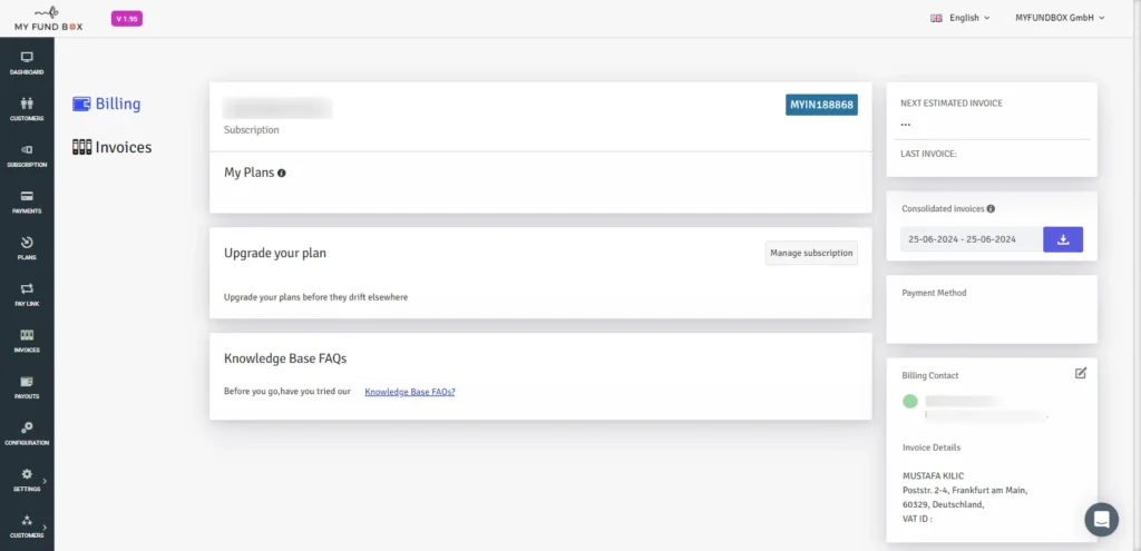 Billing Interface of MYFUNDBOX - Revenue Management Software