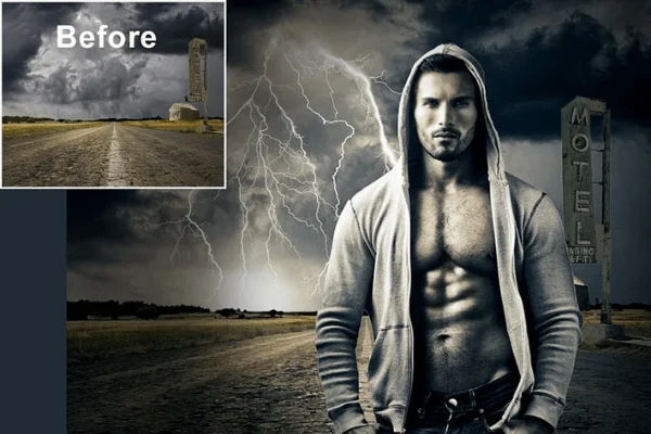 Before and After image of a landscape, A man edited using StudioMagic Photo Editor