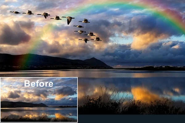 Picture Showcasing a landscape, birds and rainbow added using StudioMagic - Image Composite Editor