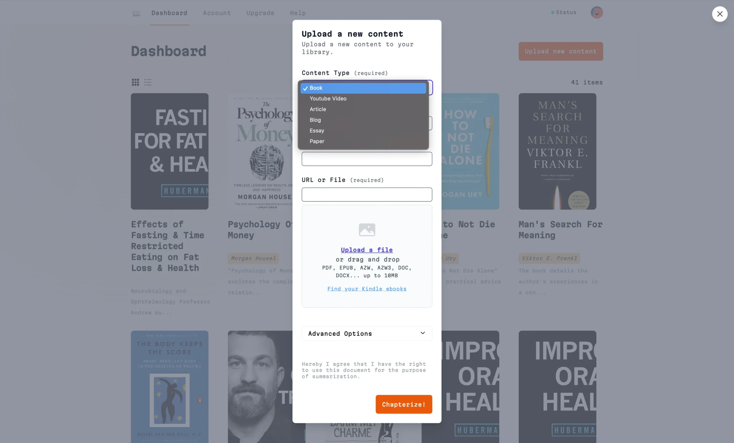 Chapterize AI Summary Generator - Upload document feature