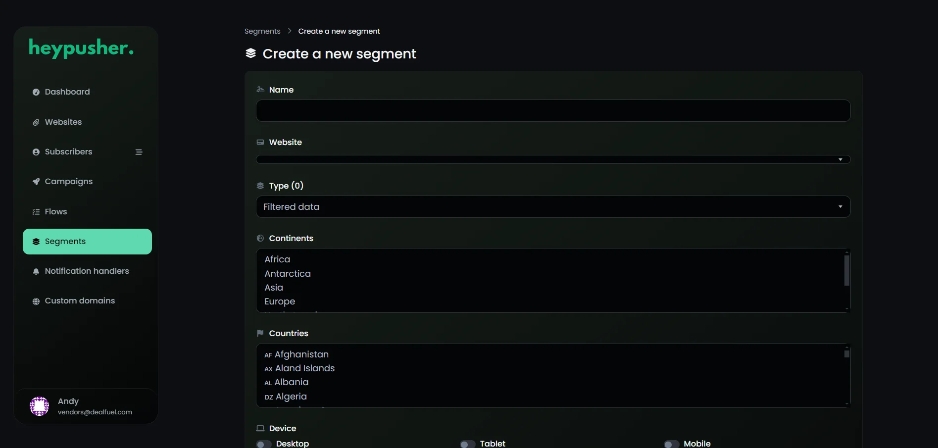 Create New Segments Feature of HeyPusher - Web Push Notification Software