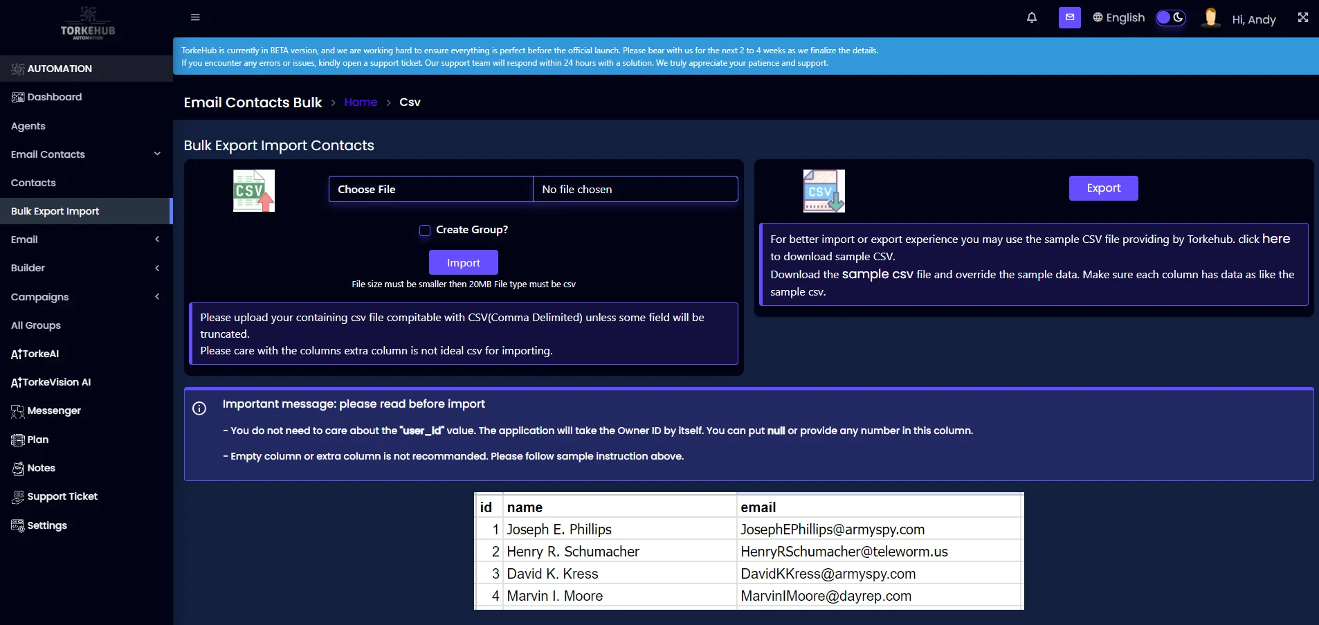 Bulk Import Emails Feature OF TorkeHub Automation