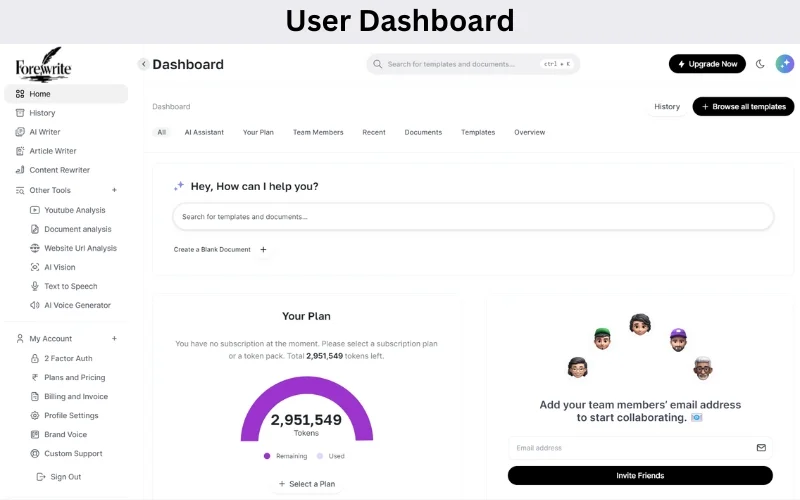 Forewrite AI Content Creation Tool User Dashboard Interface