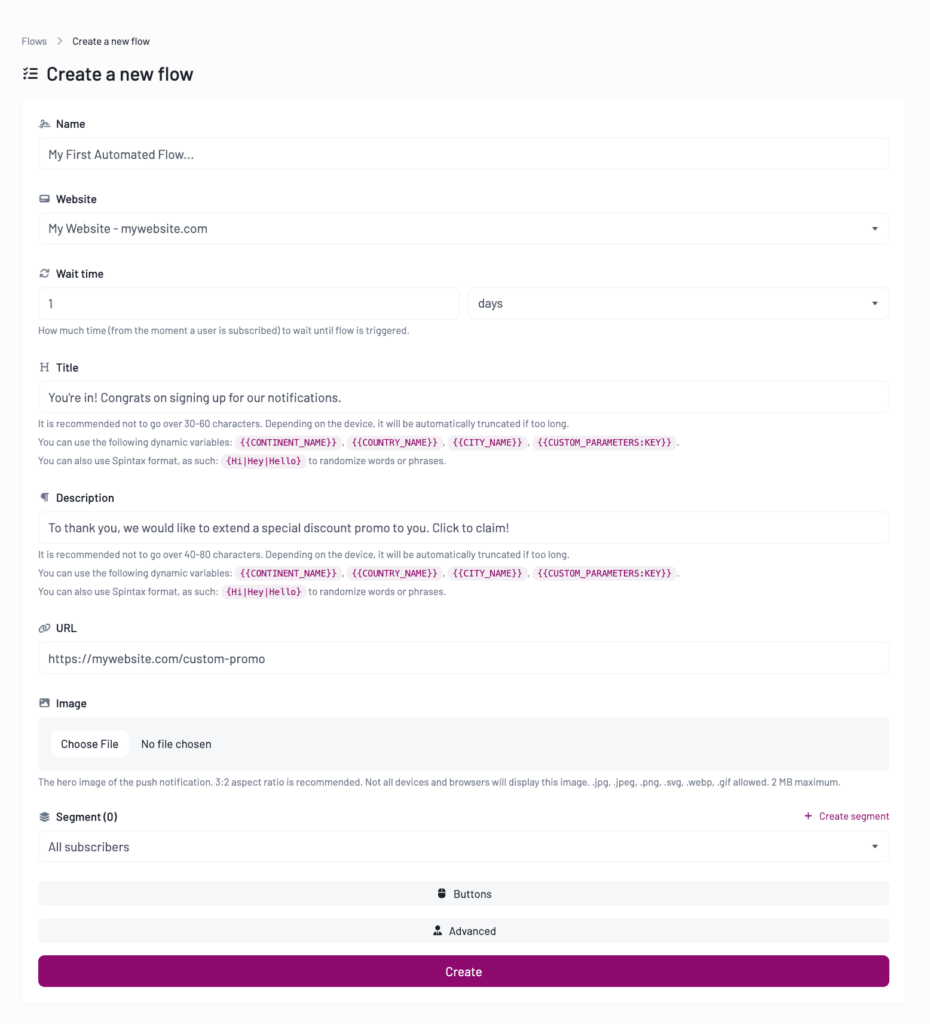 Contact Concert Web Push Notifications Tool Create a New Flow Feature