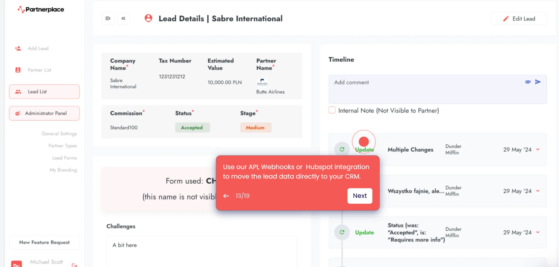 Admin Panel of PartnerPlace