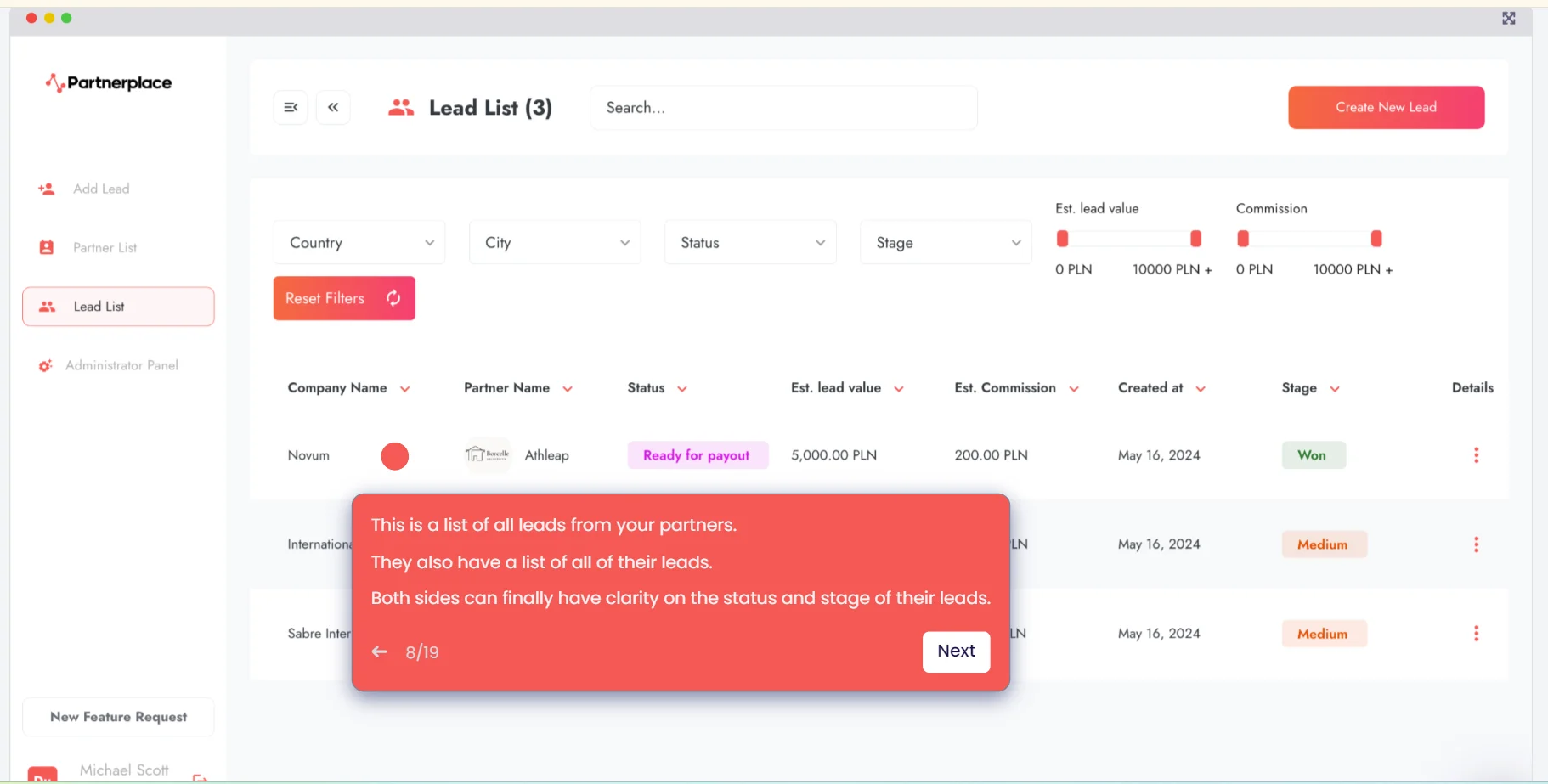 PartnerPlace - Partnership Management Software Lead List Feature
