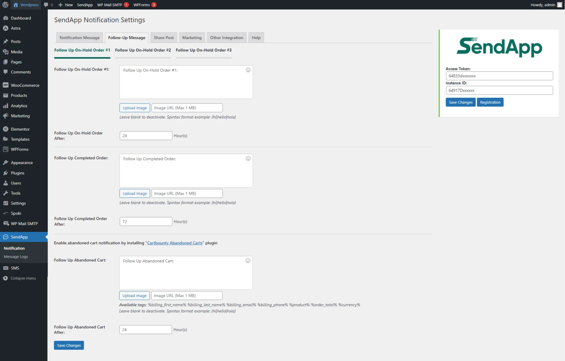 SendApp Follow up on order feature wordpresss plugin interface