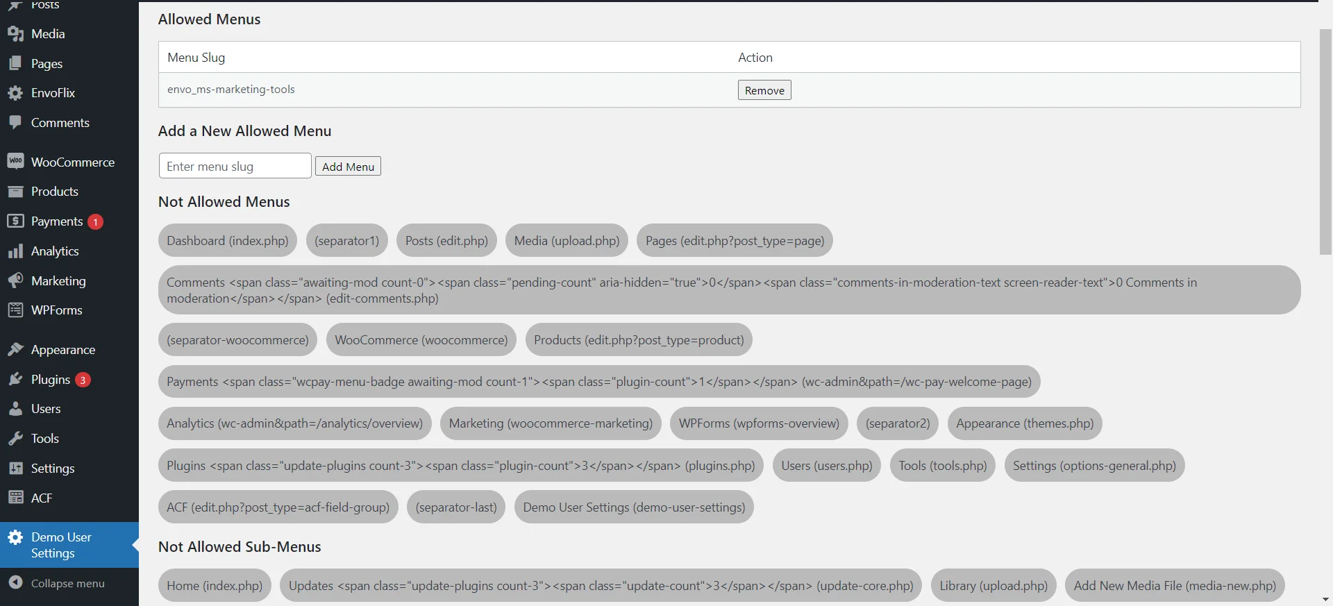 WP Demo Access User Interface of WordPress Demo Plugin