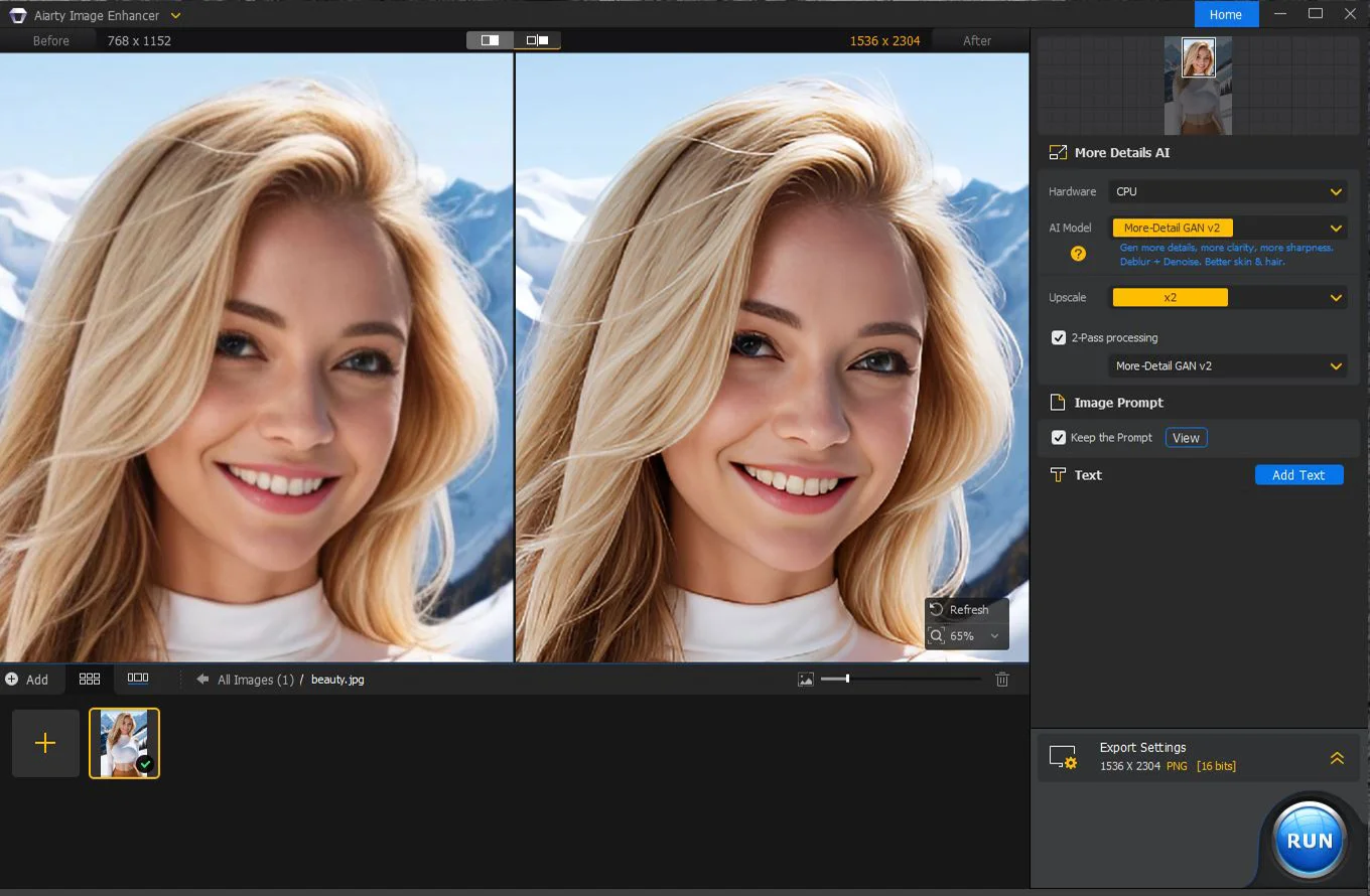 More detail UI of Aiarty image enhancer, image enhance software