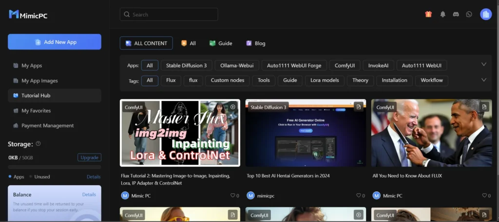 preview of MimicPC - All-in-one AI generator Tutorial Hub displaying videos of how to use the app