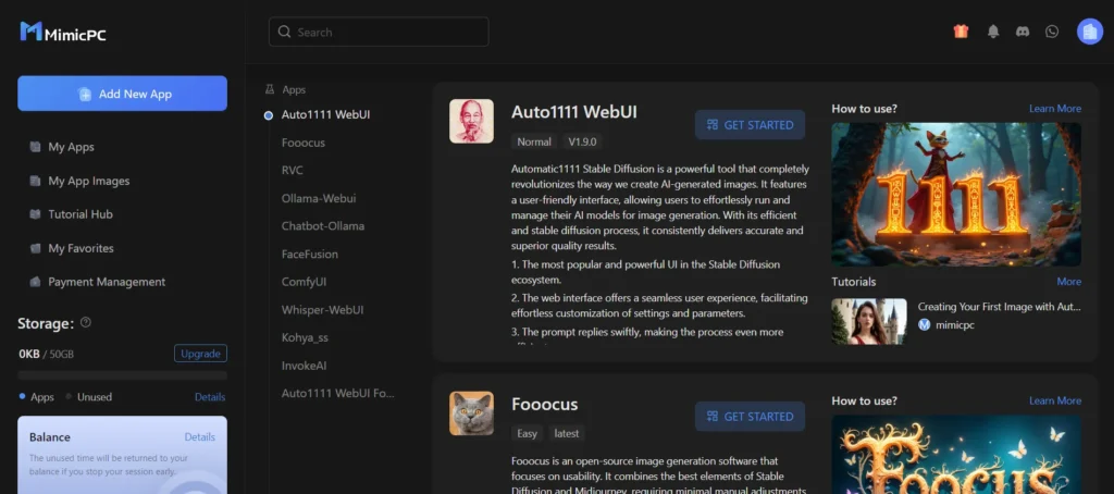 Dashboard UI of MimicPC All-in-one AI generator