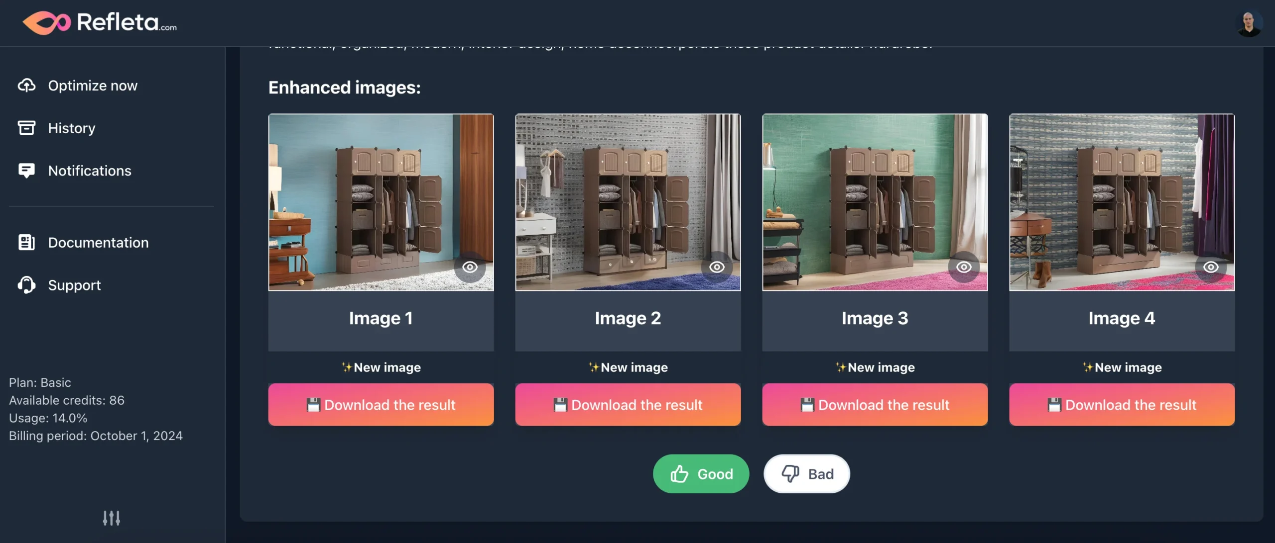 Refleta AI photo enhancer - enhanced image options
