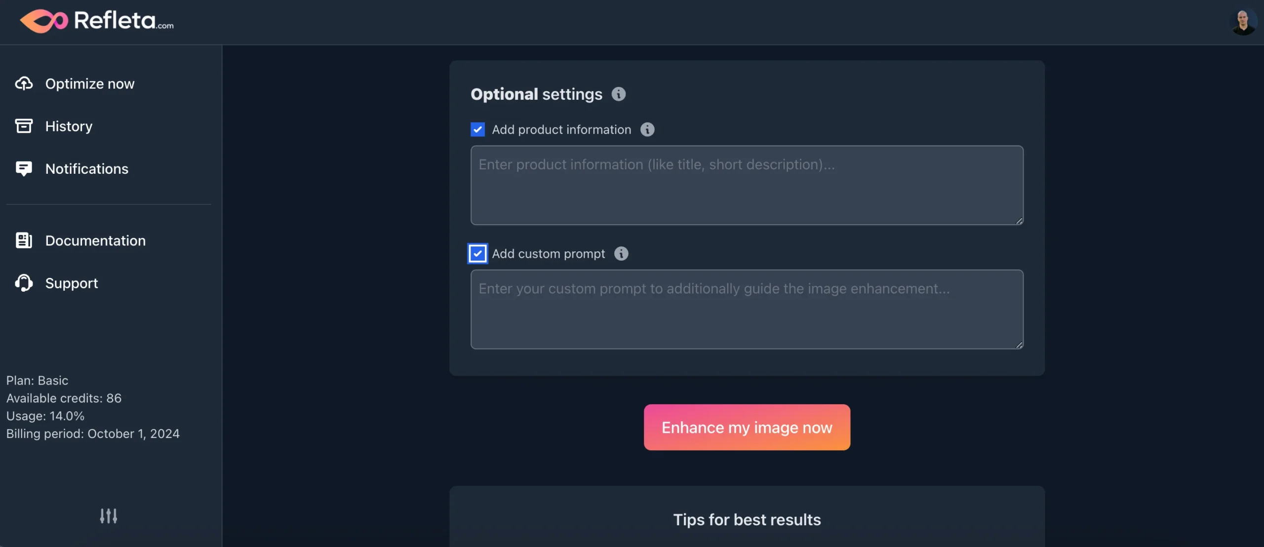 Refleta optional settings feature of AI Photo Enhancer