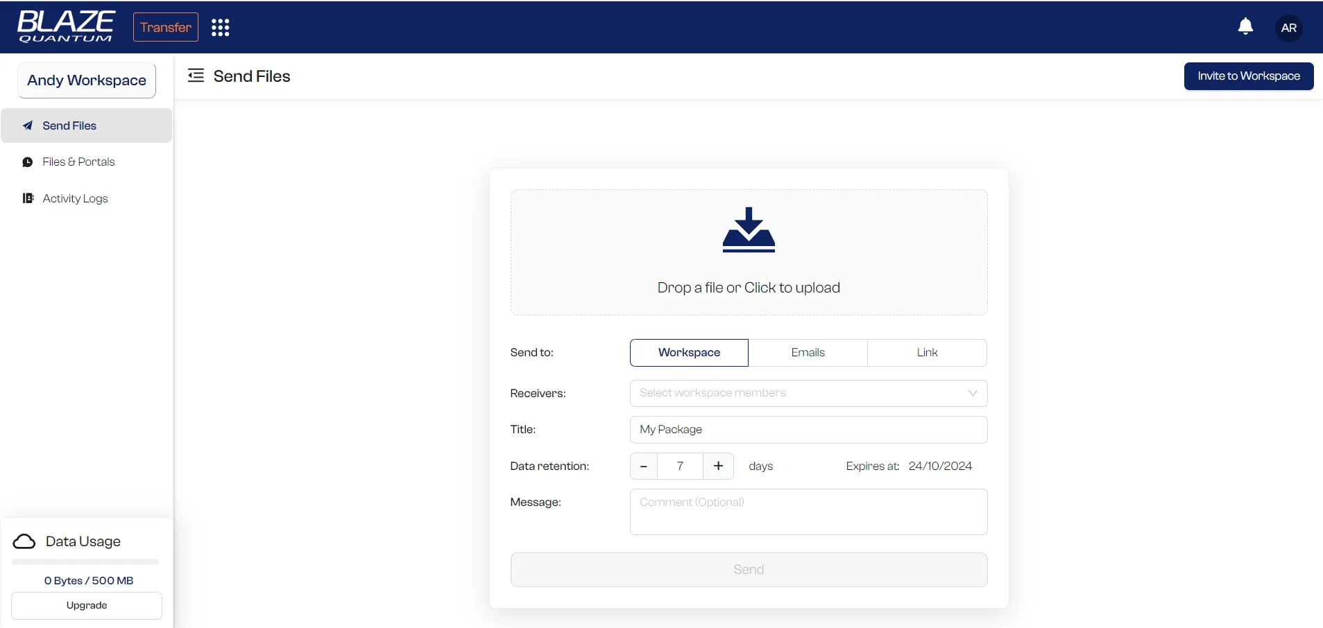 Dashboard UI of Blaze Quantum - File Sharing Platform