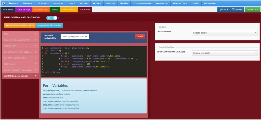 Calculations User interface of PHP Cost Estimation Plugin
