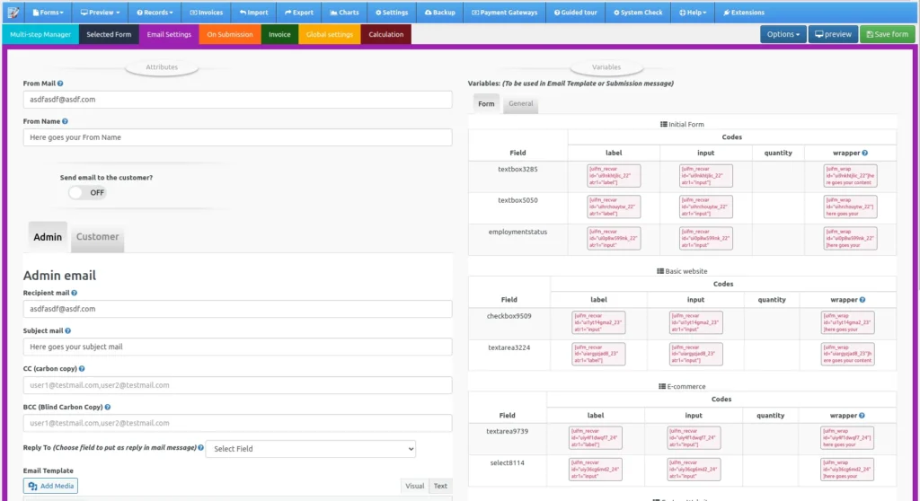 Email Setting UI - WP Cost Estimation Plugin