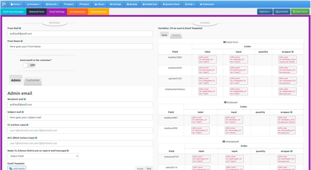 Email Settings User interface of PHP Form Builder