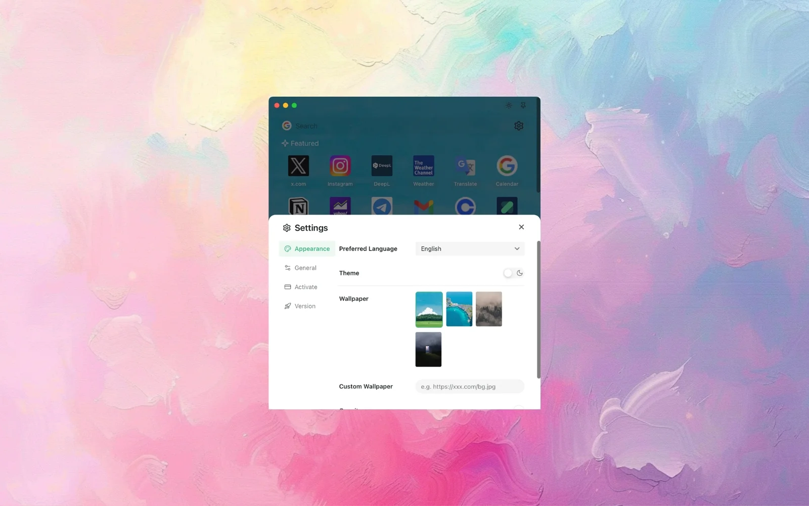 Floweb Floating browser settings
