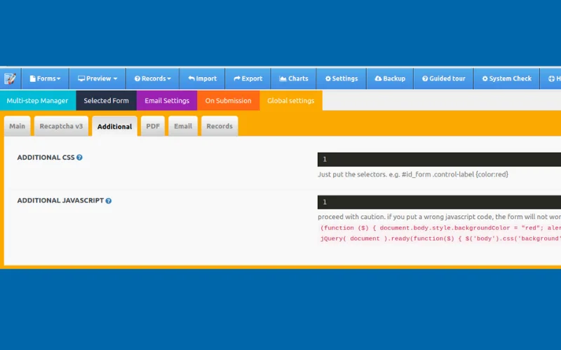 Global Settings User interface of PHP form builder